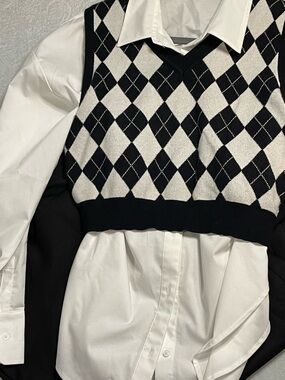 Argyle Sweater Vest Outfit Bundle White Blouse Black Pants Women’s